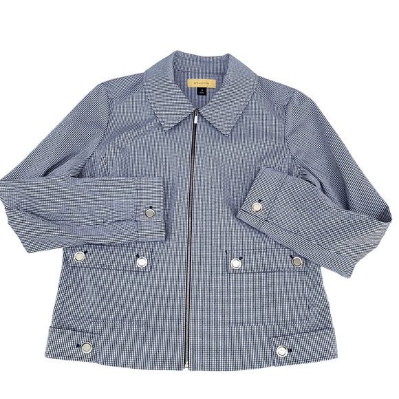 ST. JOHN Yellow Label Navy & White Checkered Gingham Front Zip Up Jacket Size 14 - Picture 4 of 8